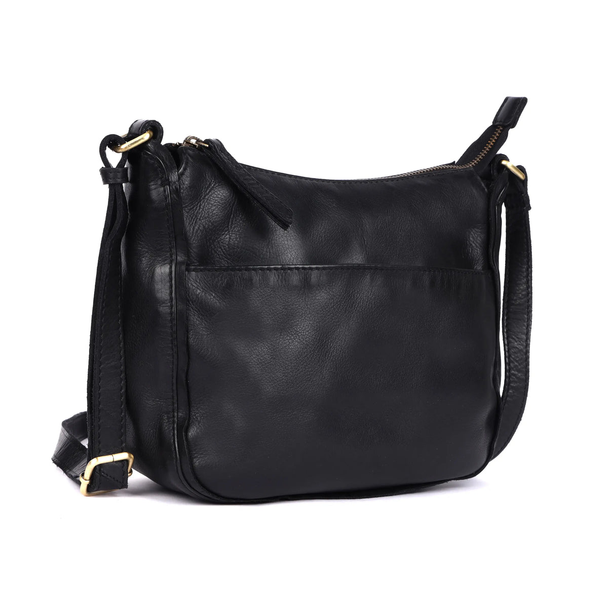 Black leather bag angled, showing the rounded base and front pocket