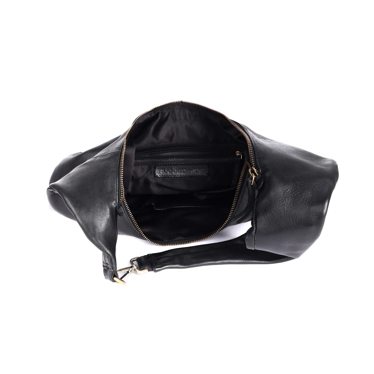 The black bag unzipped from above, showing the black lining, an inner zip pocket and a stamped leather tab