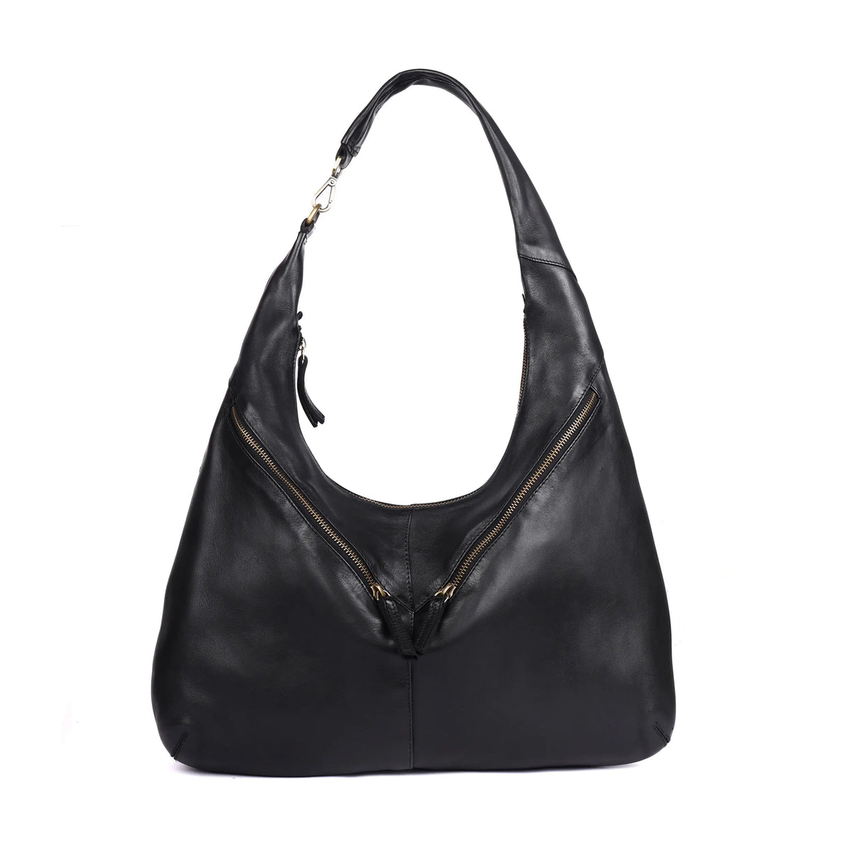 Black leather shoulder bag with a curved shape and two zips meeting in a V on the front