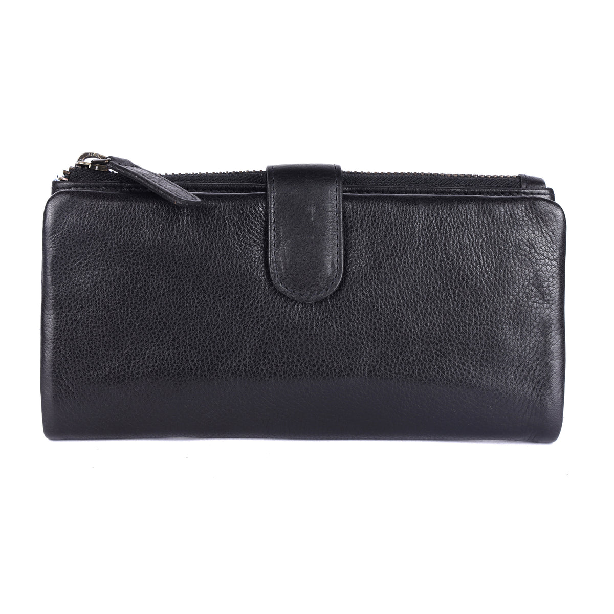Black wallet closed from the front, press-stud tab fastened
