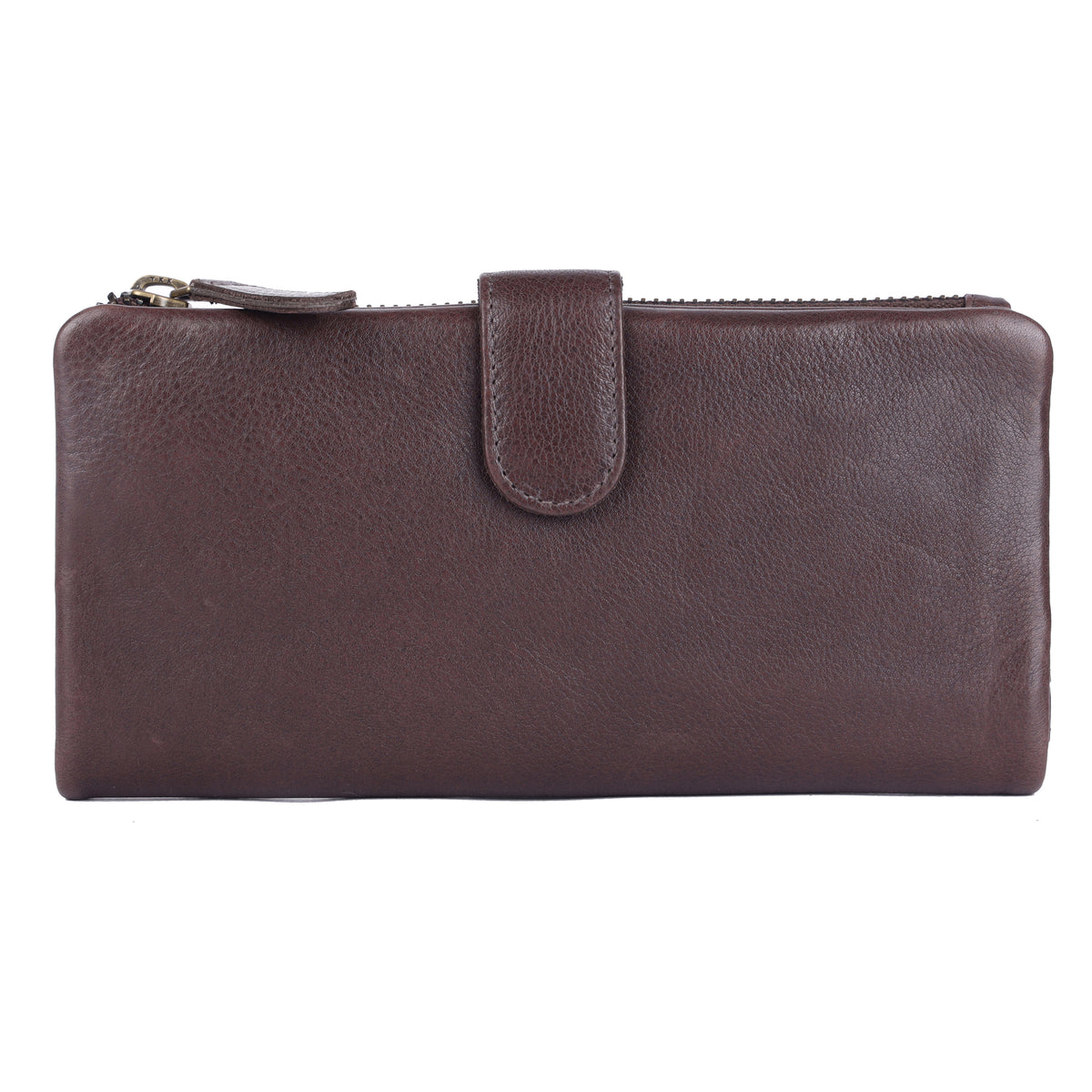 Brown wallet closed from the front, press-stud tab fastened