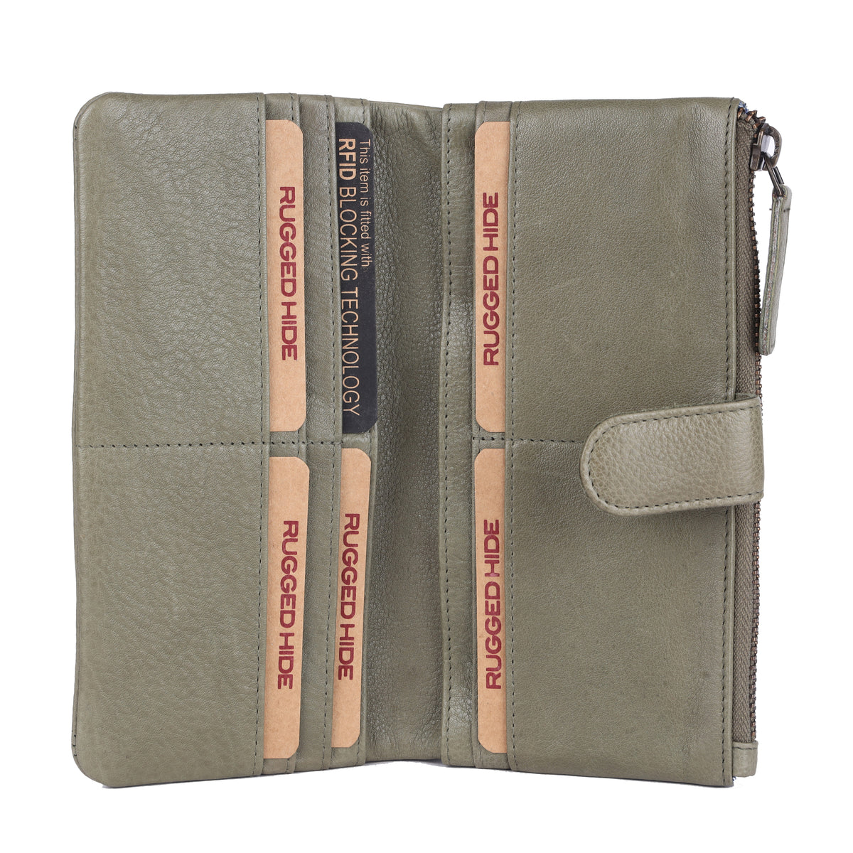 Olive wallet open flat, showing rows of card slots