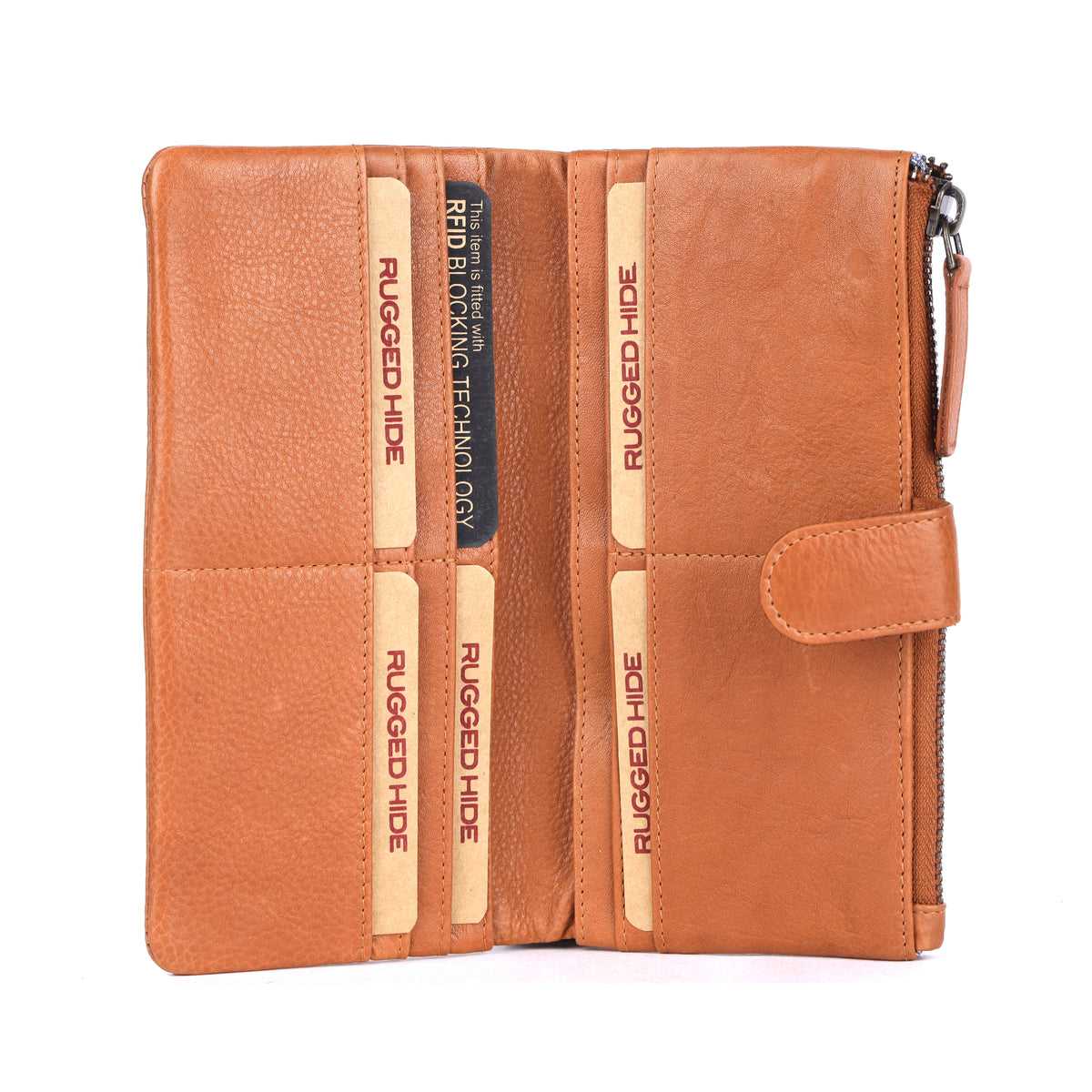 Tan wallet open flat, showing rows of card slots