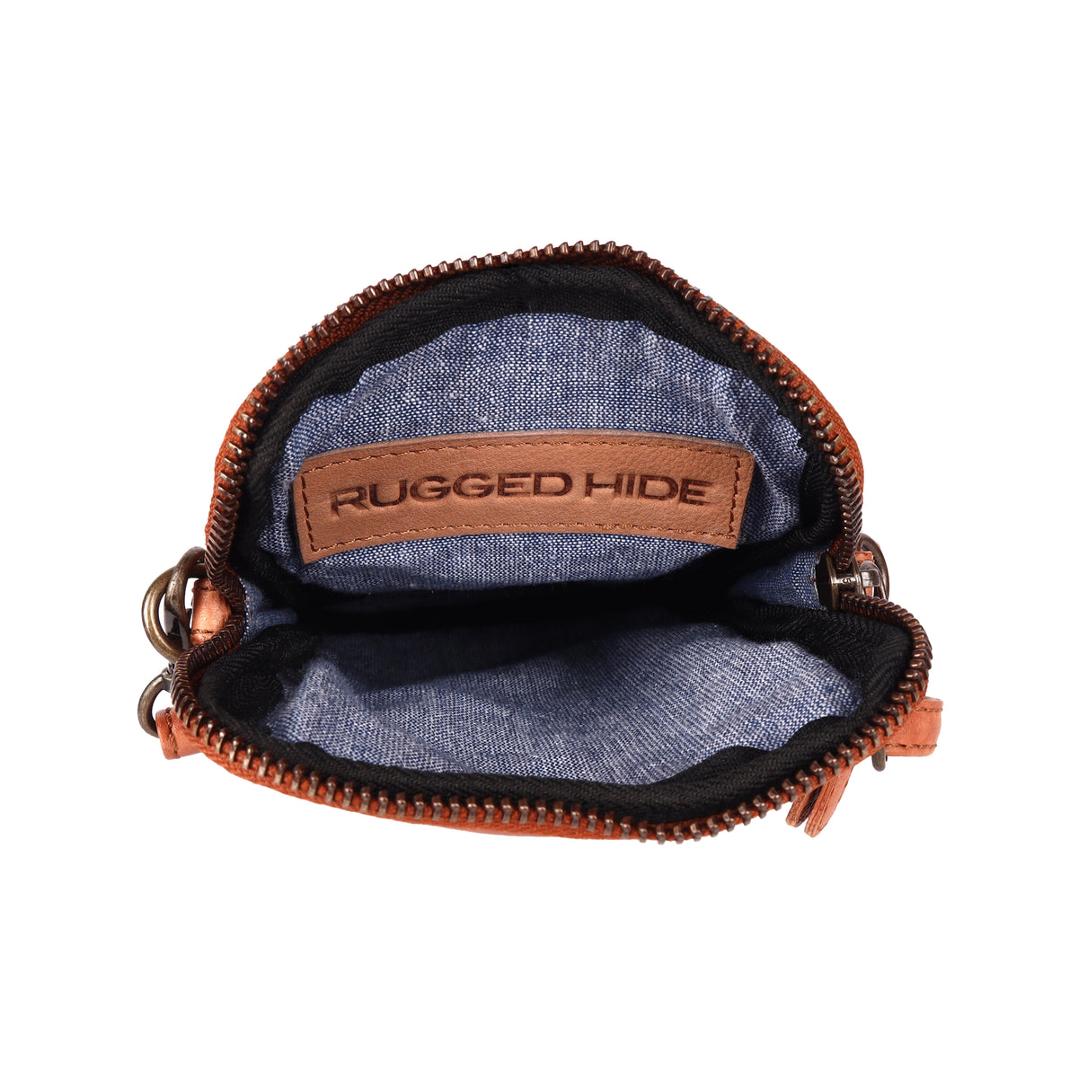 Cognac phone bag unzipped, showing the blue fabric lining and a stamped leather tab