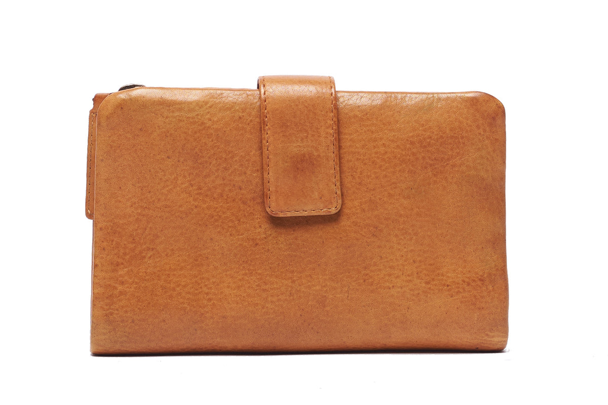 Tan leather wallet closed with a press-stud tab