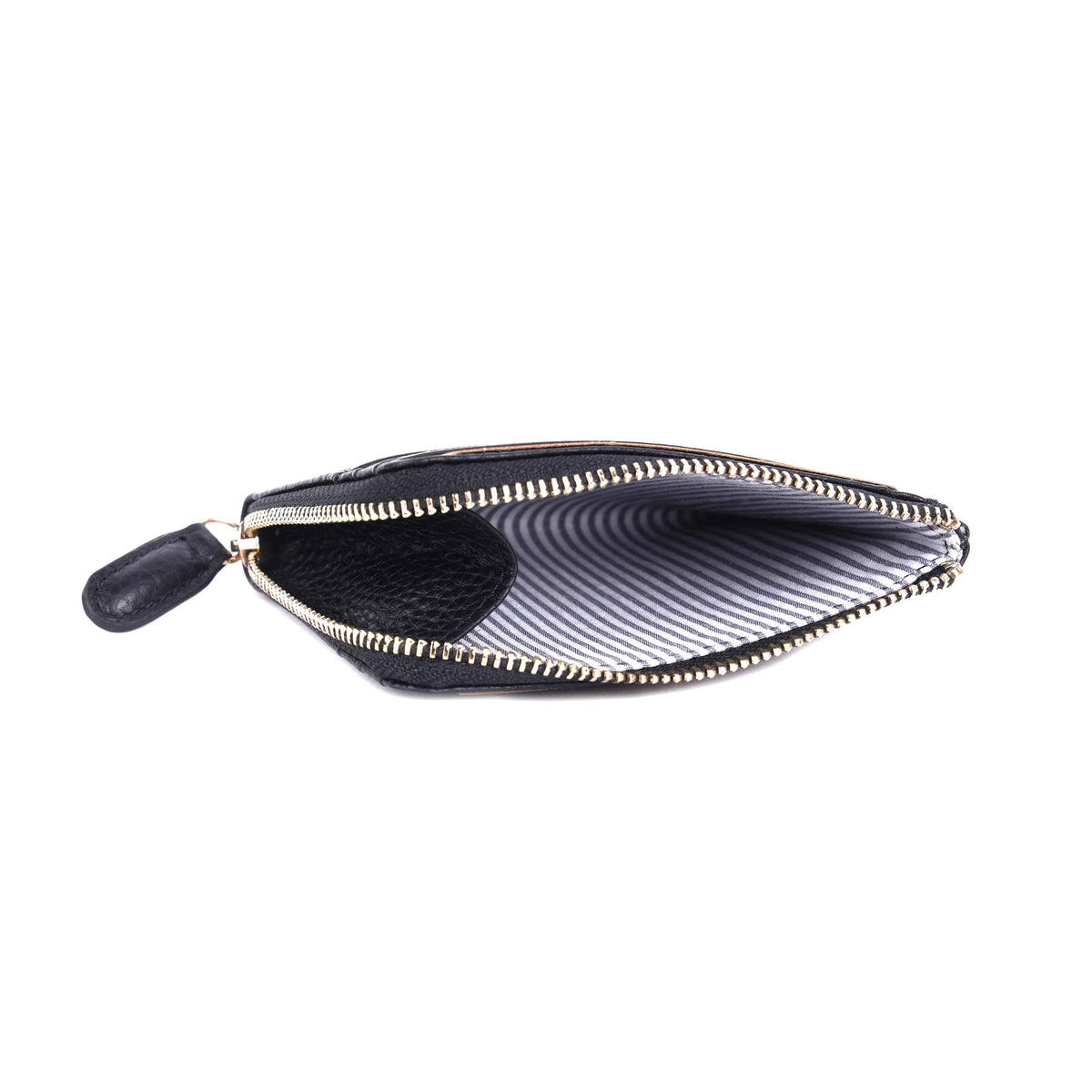 Black wallet unzipped from the side, showing the striped lining of the coin pocket