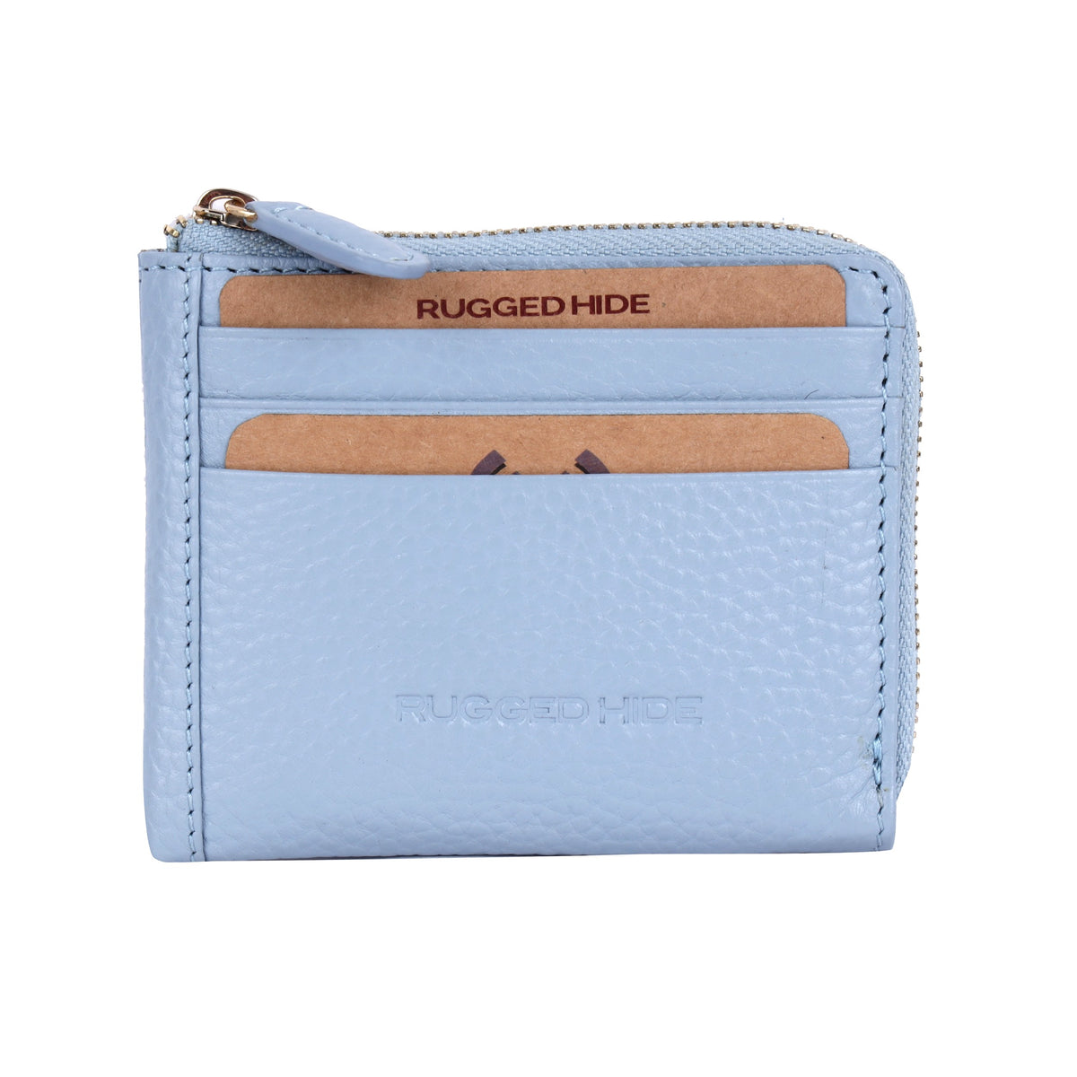 Powder blue card wallet from the front, cards in the slots