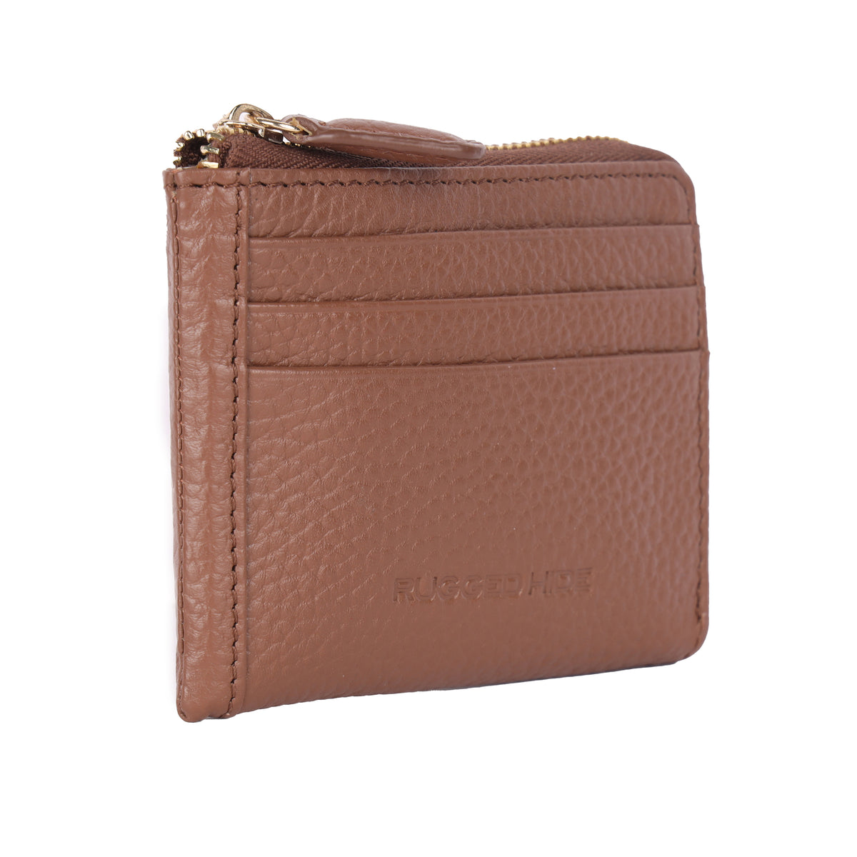 Dark tan card wallet angled, showing its stacked card slots