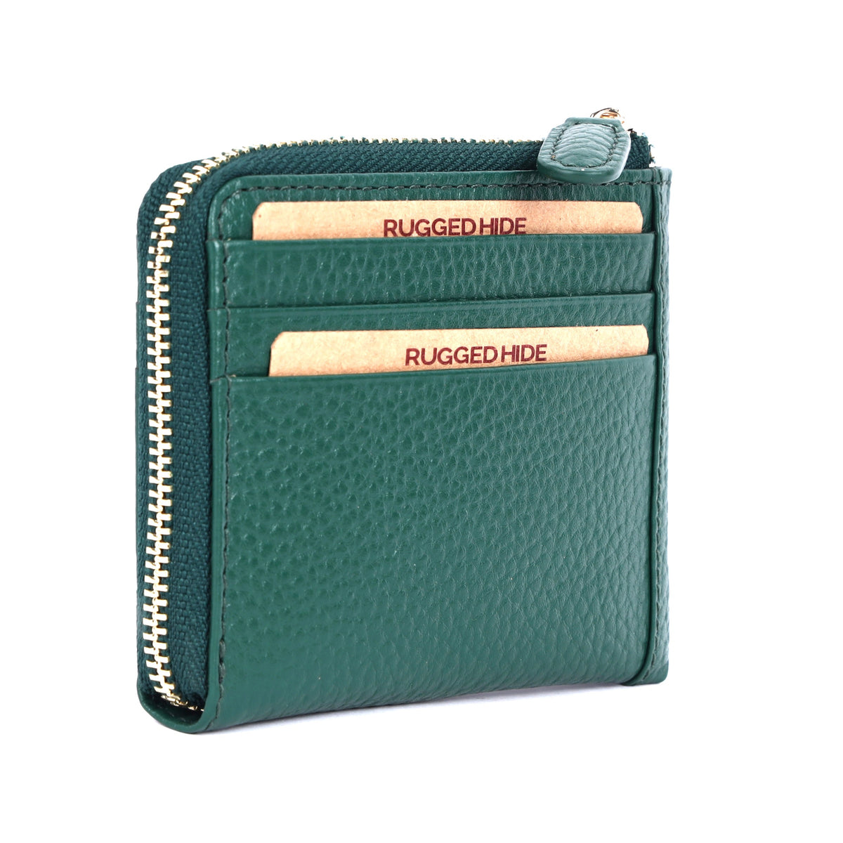 Green card wallet angled, card slots on the front and the zip round the corner