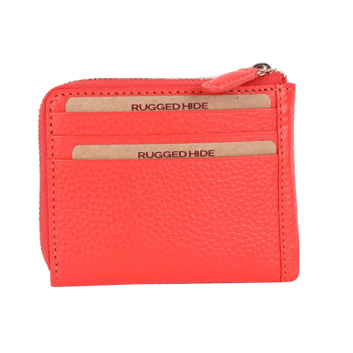 Mandarin red card wallet from the front, cards in the slots