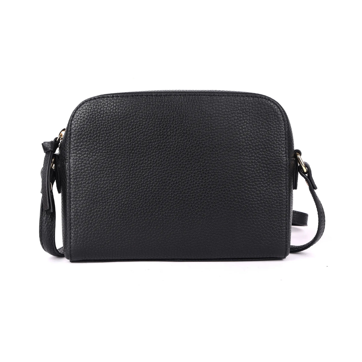 Black cross body bag from the front, a curved top and long strap