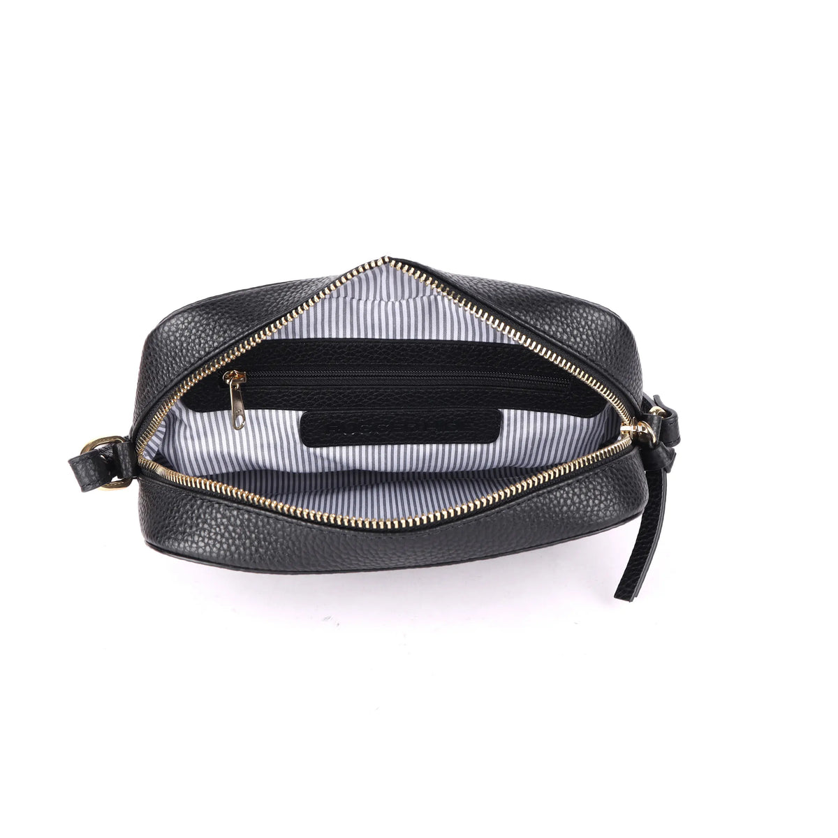 The black bag unzipped from above, showing the striped lining