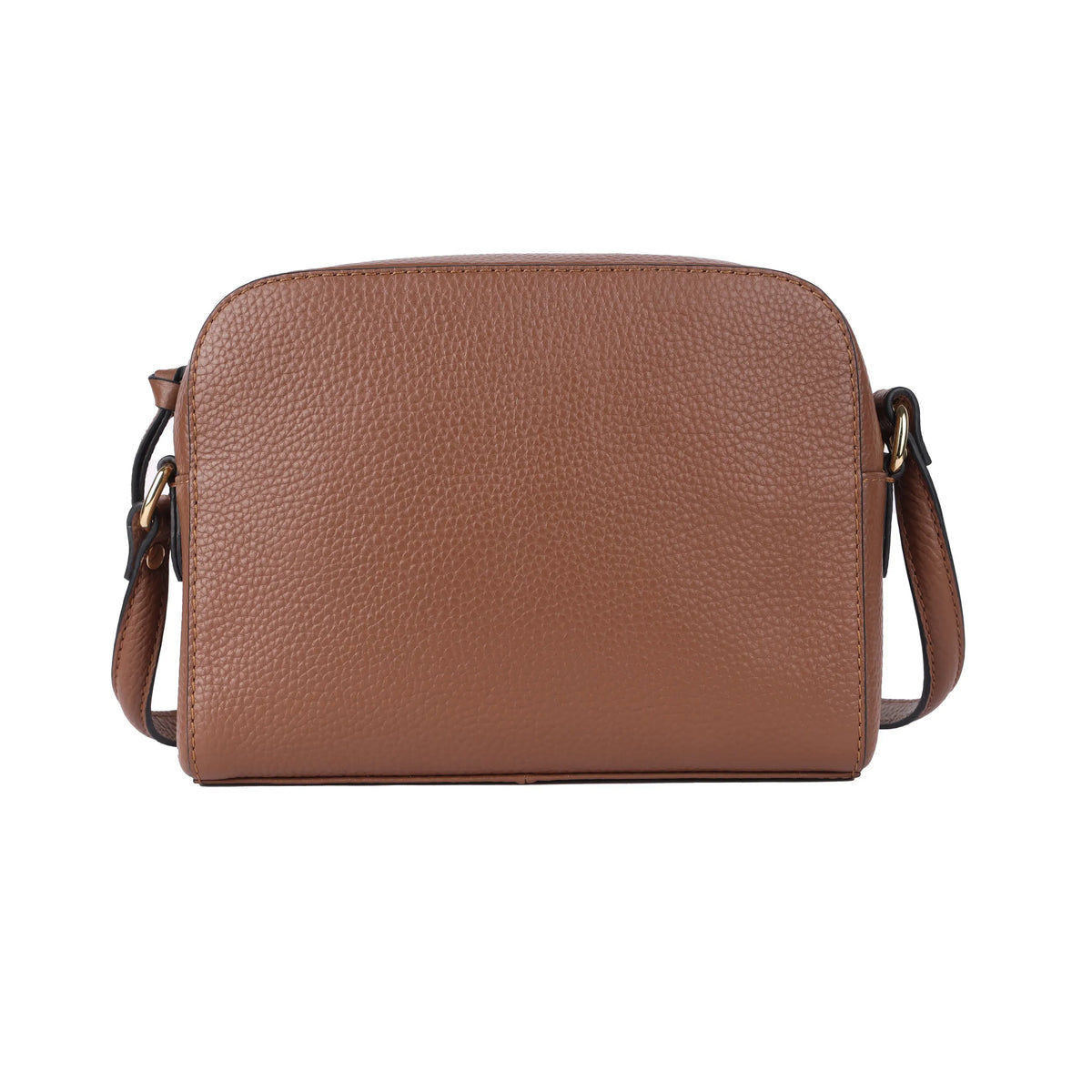 Dark tan cross body bag from the front, a curved top and long strap