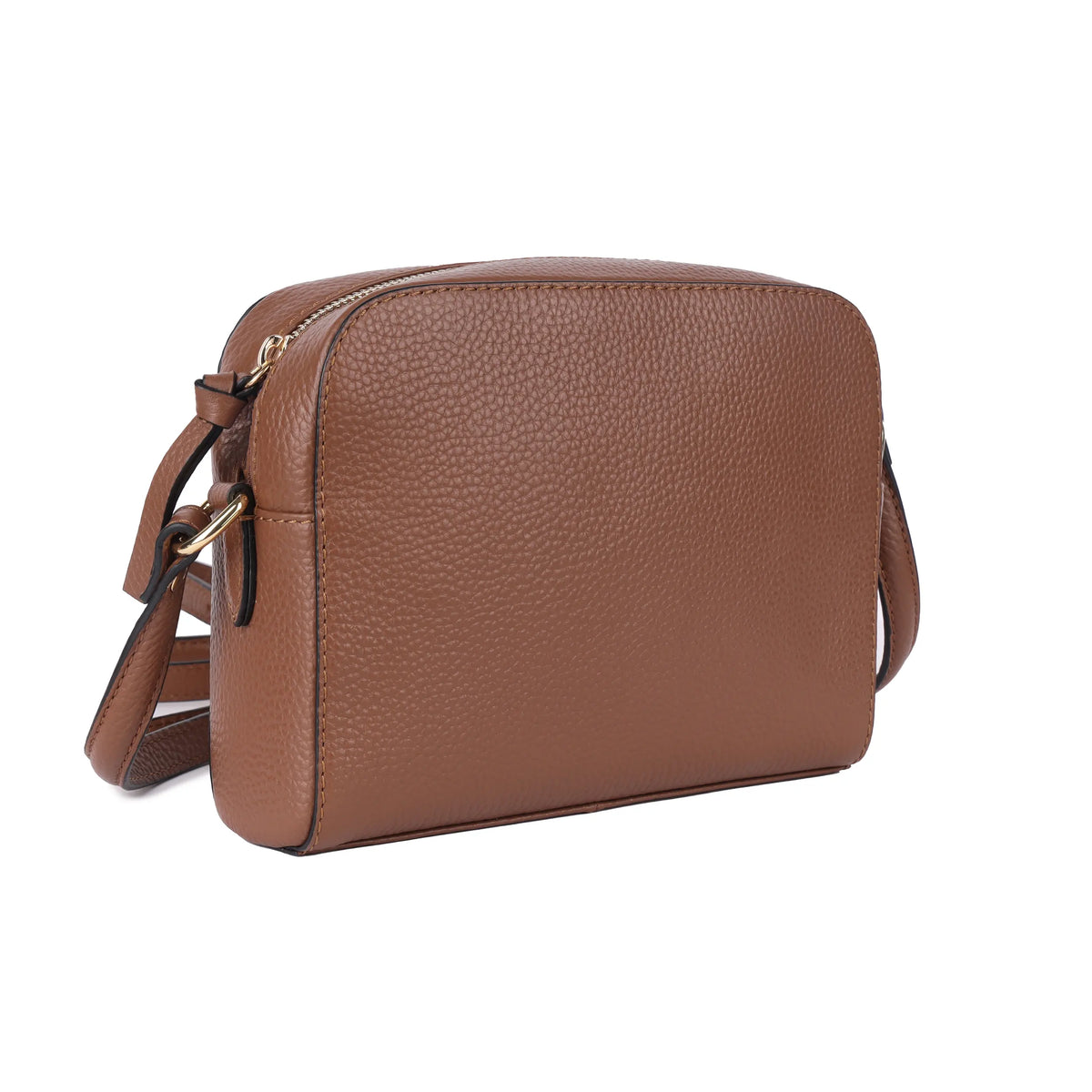 Dark tan leather cross body bag angled, showing its depth