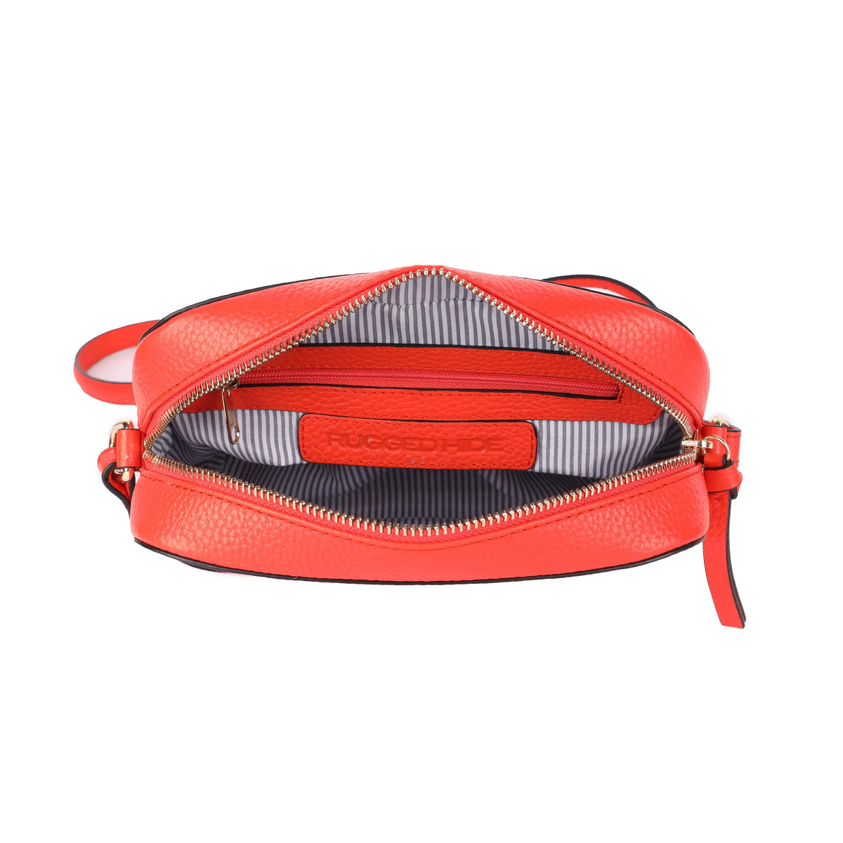 The mandarin bag unzipped from above, showing the striped lining