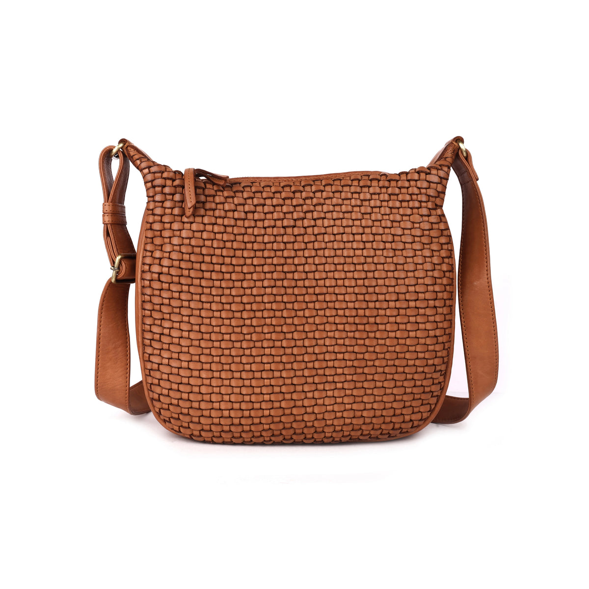 Tan woven leather sling bag from the front, with a rounded base and long strap
