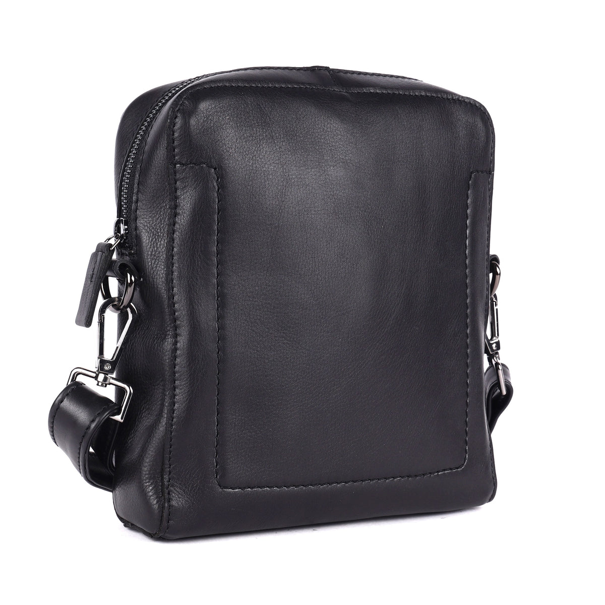 Black sling bag angled, showing the side seam and strap clip