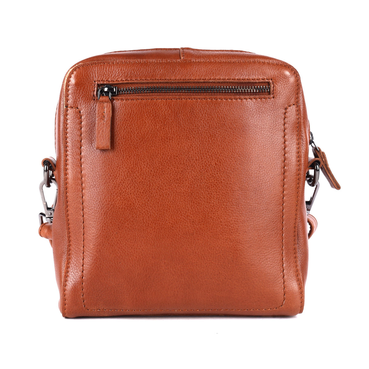 Back of the cognac sling bag, showing the zip pocket