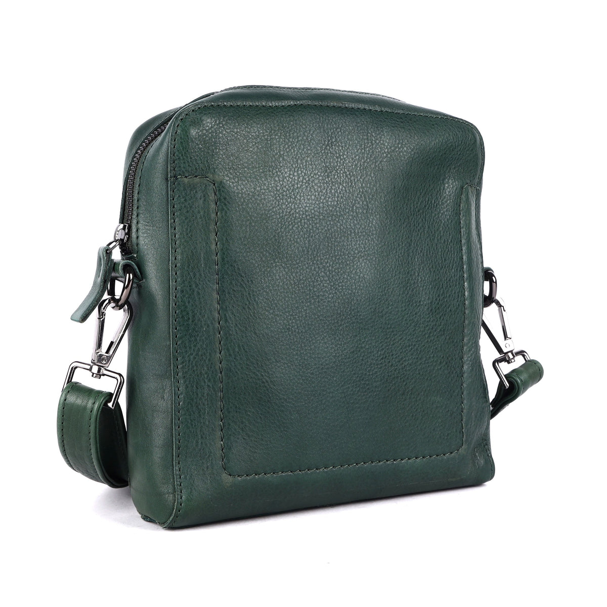 Green sling bag angled, showing the side seam and strap clip