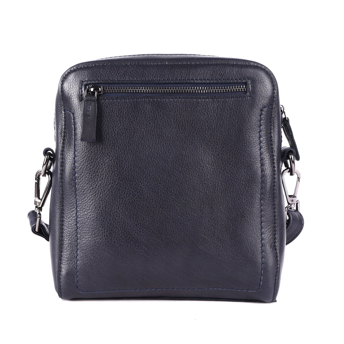 Back of the navy sling bag, showing the zip pocket