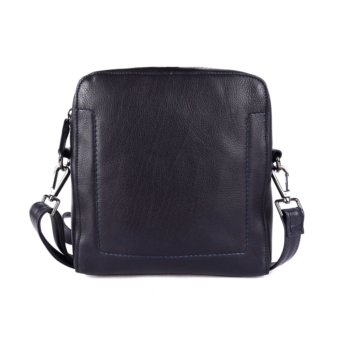 Navy sling bag from the front, with the stitched panel on the front