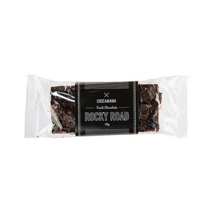 Dark chocolate rocky road bar in a clear wrapper with a black Chocamama label band