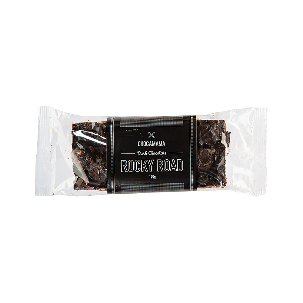 Dark chocolate rocky road bar in a clear wrapper with a black Chocamama label band