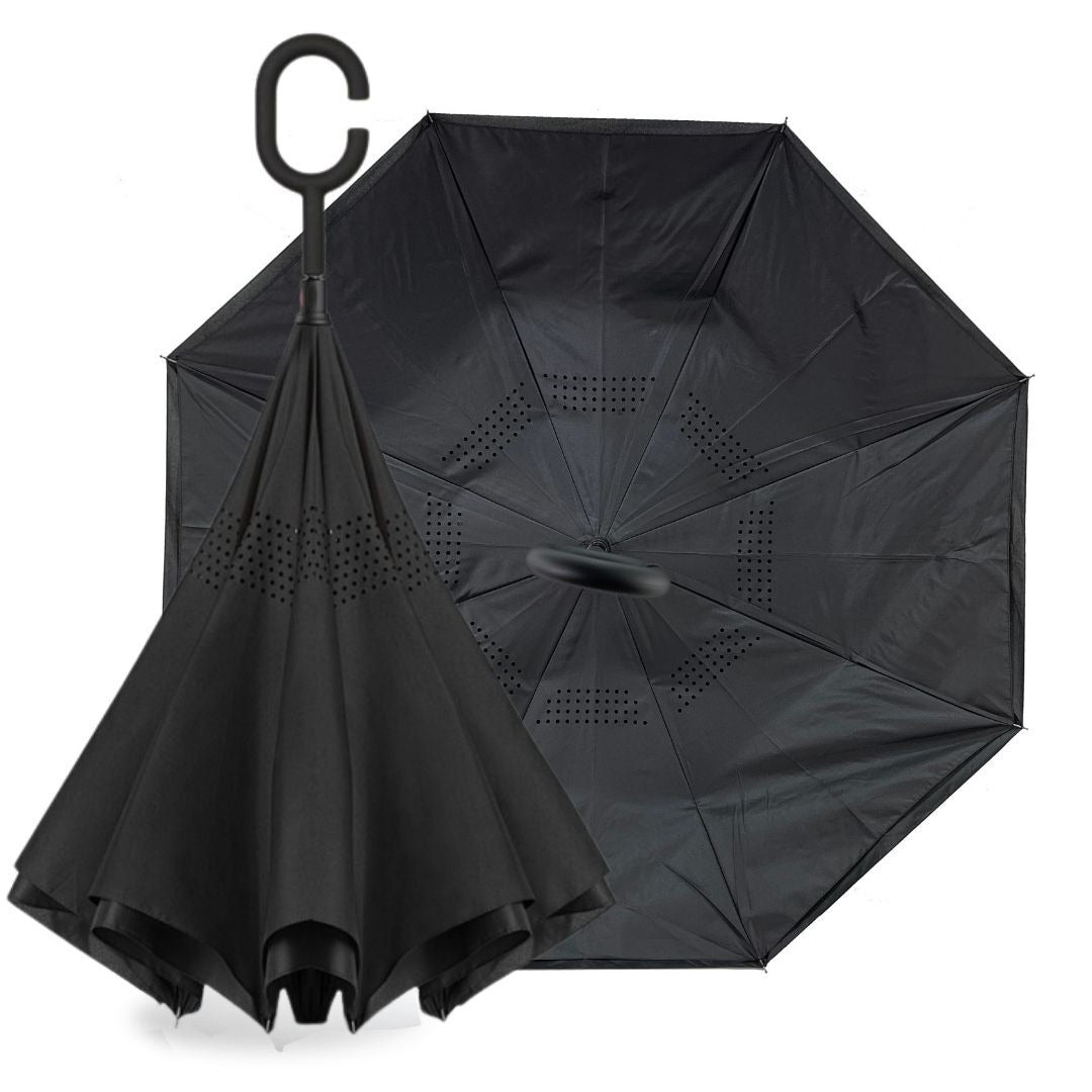 IOco reverse umbrella in Black & White Pinstripe, folded inward showing its self-standing shape