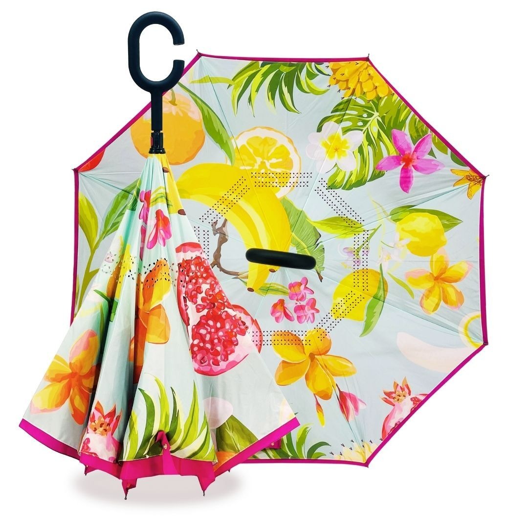 Reverse umbrella in Fresh Fruit Salad design with lemons, pomegranates and tropical flowers