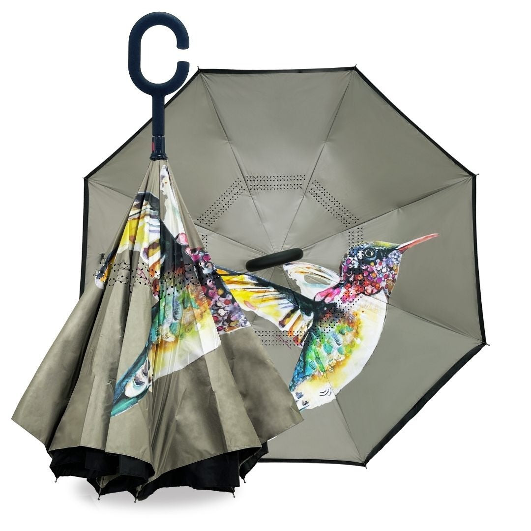 IOco UPF50+ reverse umbrella with Dani Till hummingbird watercolour inside a grey canopy