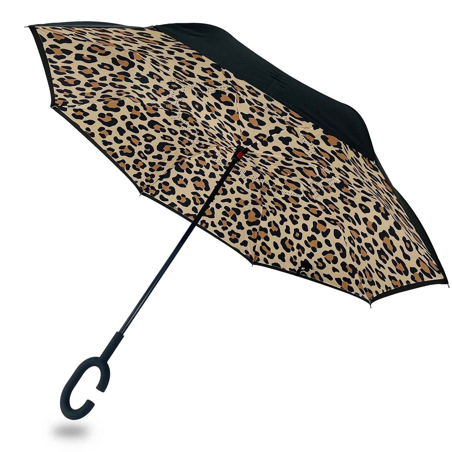 Reverse umbrella in Leopard print with black exterior, shown standing on its points