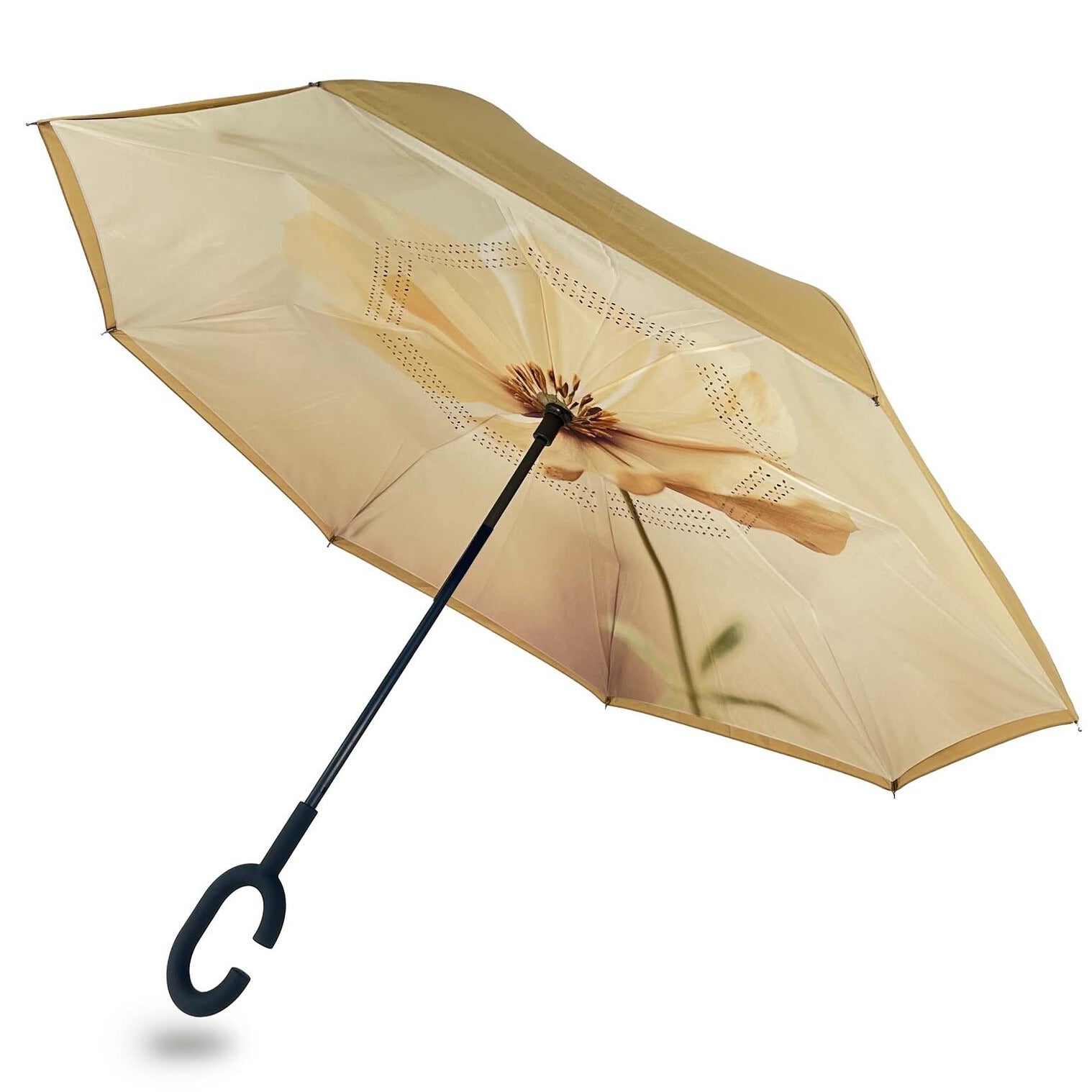 Reverse umbrella in Golden Poppy design with a single poppy inside a golden canopy