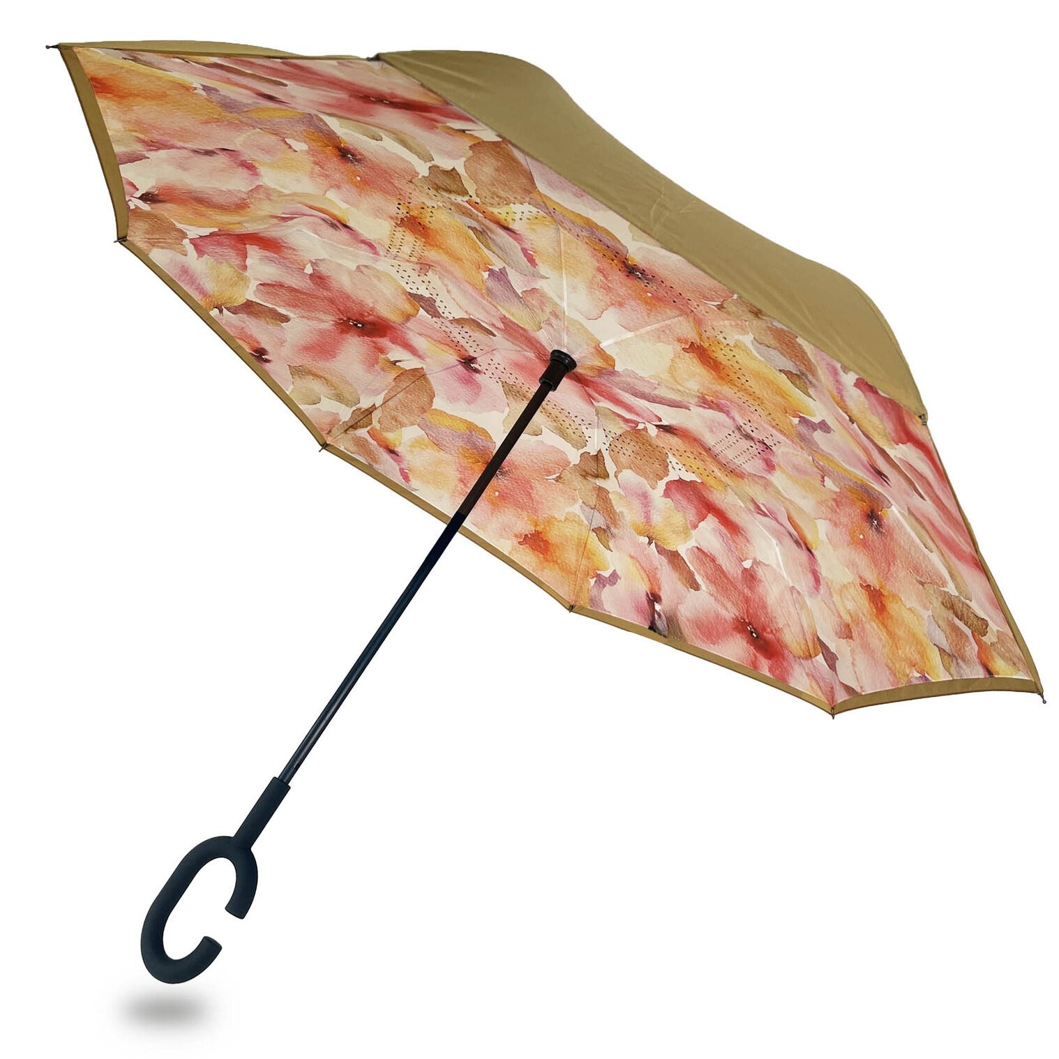 Reverse umbrella in Painted Petals watercolour design with soft pink petals under a tan canopy