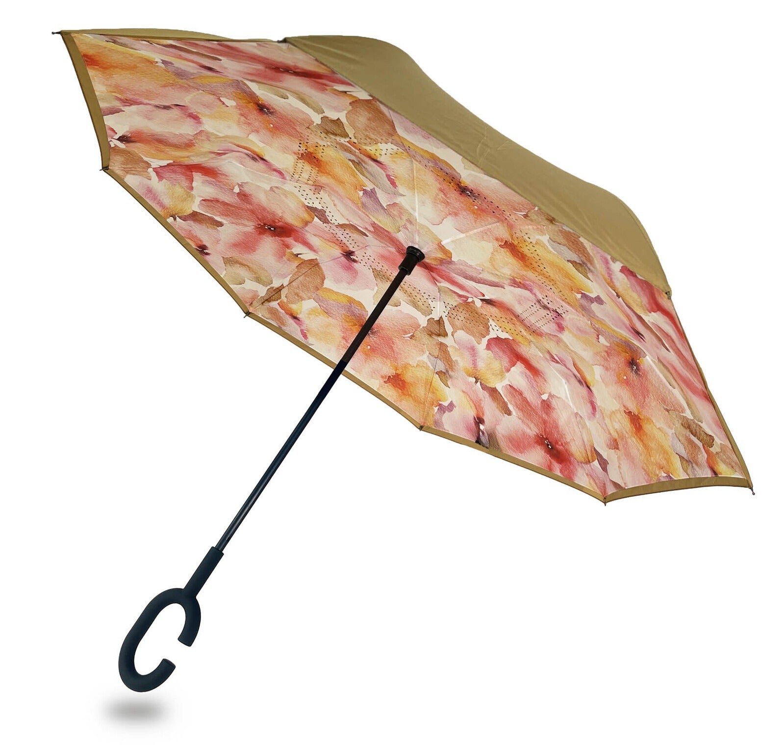 Reverse umbrella in Painted Petals watercolour design with soft pink petals under a tan canopy