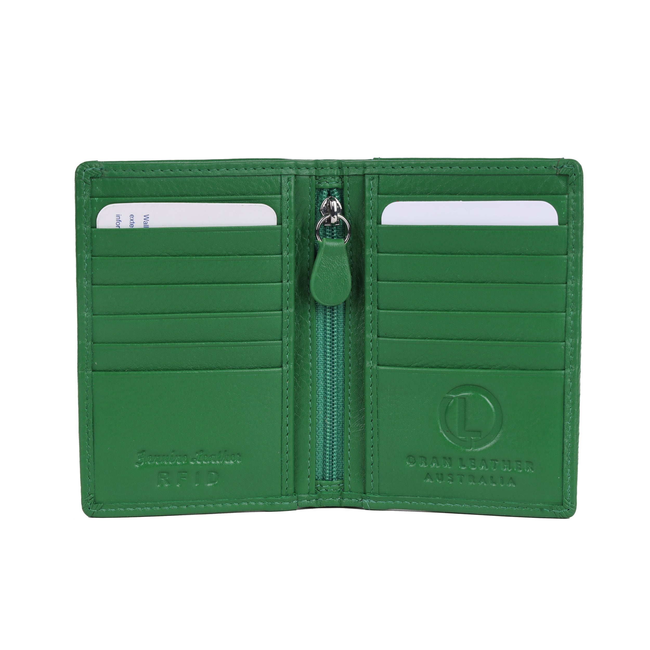 Green leather card holder open, showing twelve card slots and a centre zip pocket