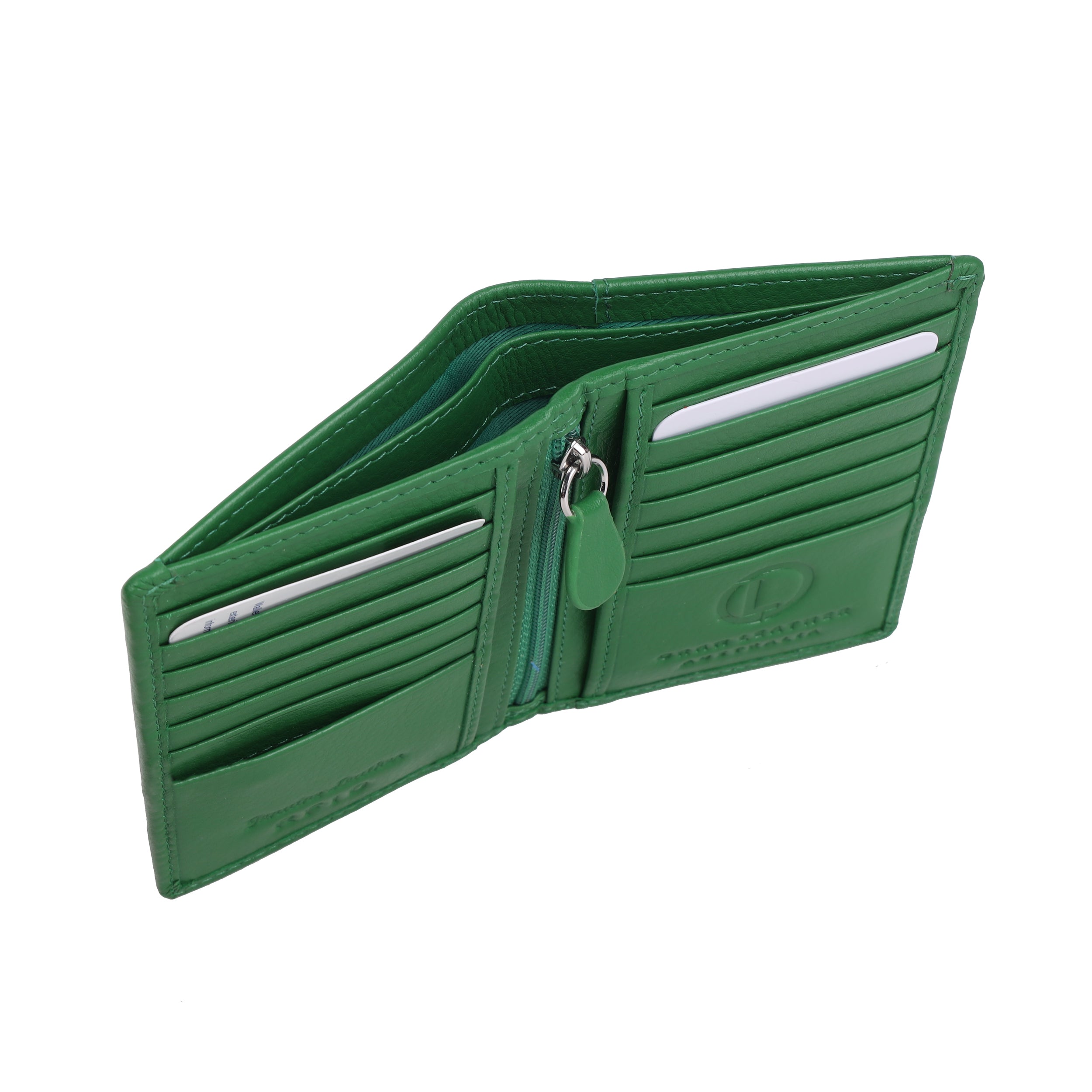 Green leather card holder open at an angle, showing the note section behind the card slots