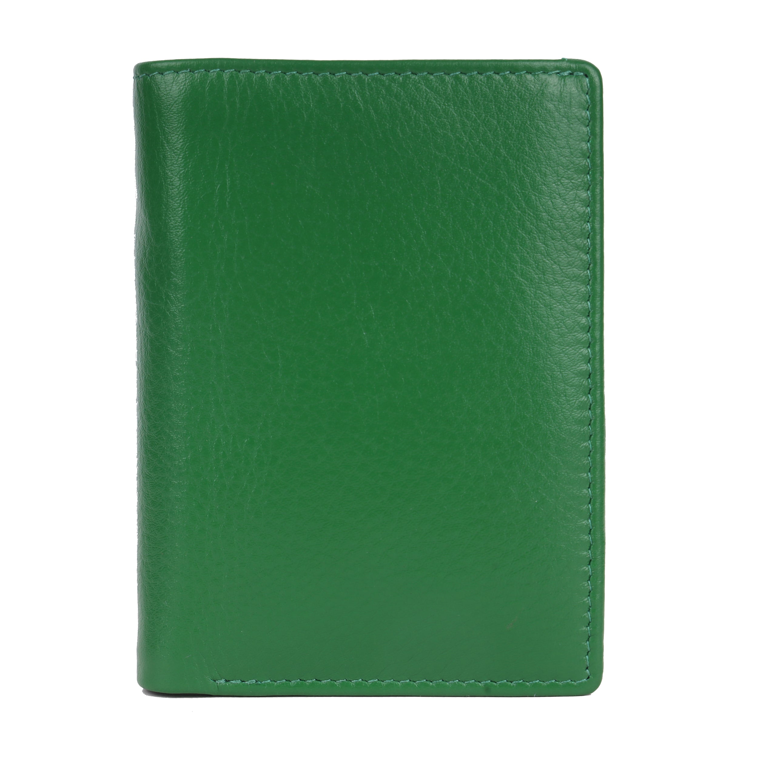Closed green leather card holder showing the pebbled grain