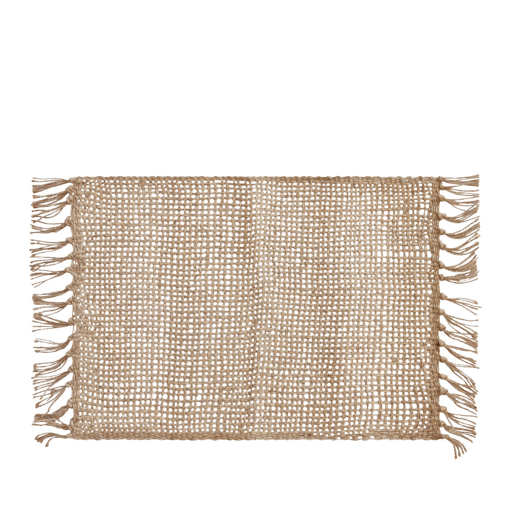 Single Rowan jute placemat showing loose basket weave and fringe