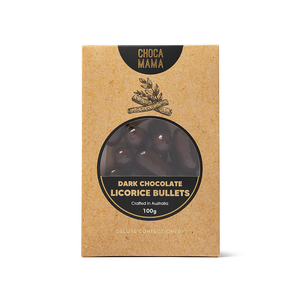 Kraft dark chocolate licorice bullets box with a licorice-root sketch, front view
