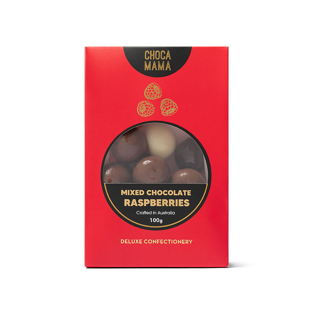 Chocamama mixed chocolate raspberries 100 g box