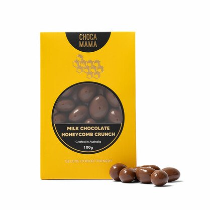 Chocamama milk chocolate honeycomb crunch box with chocolate-coated pieces in front