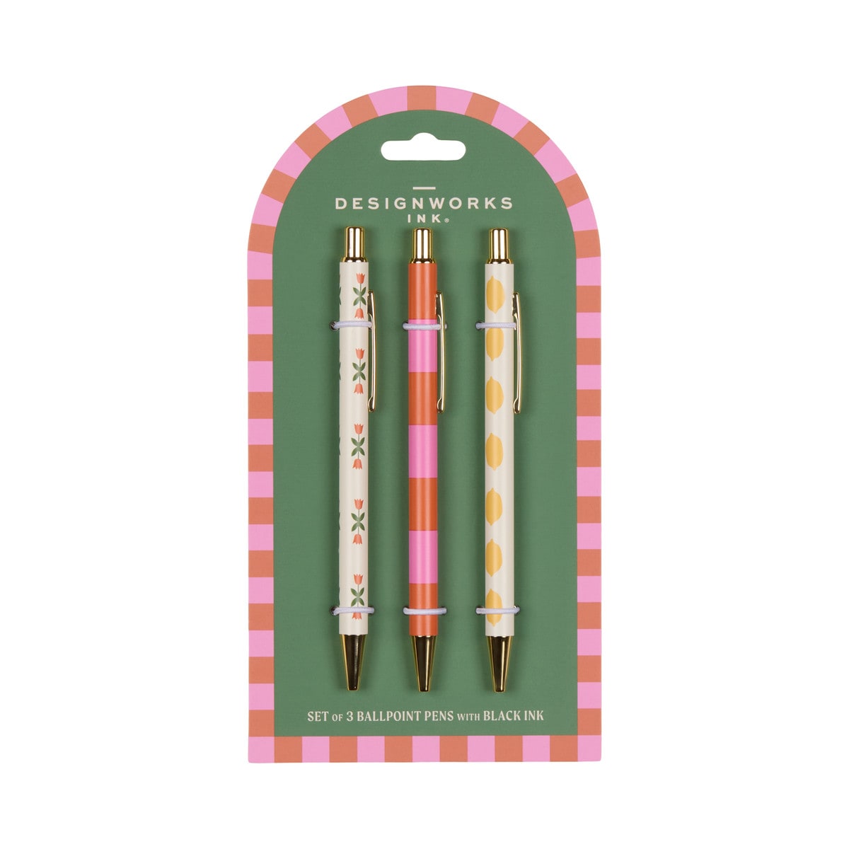 Three printed ballpoint pens, tulip, pink and orange stripe and lemon, clipped to an arched green card with a striped border