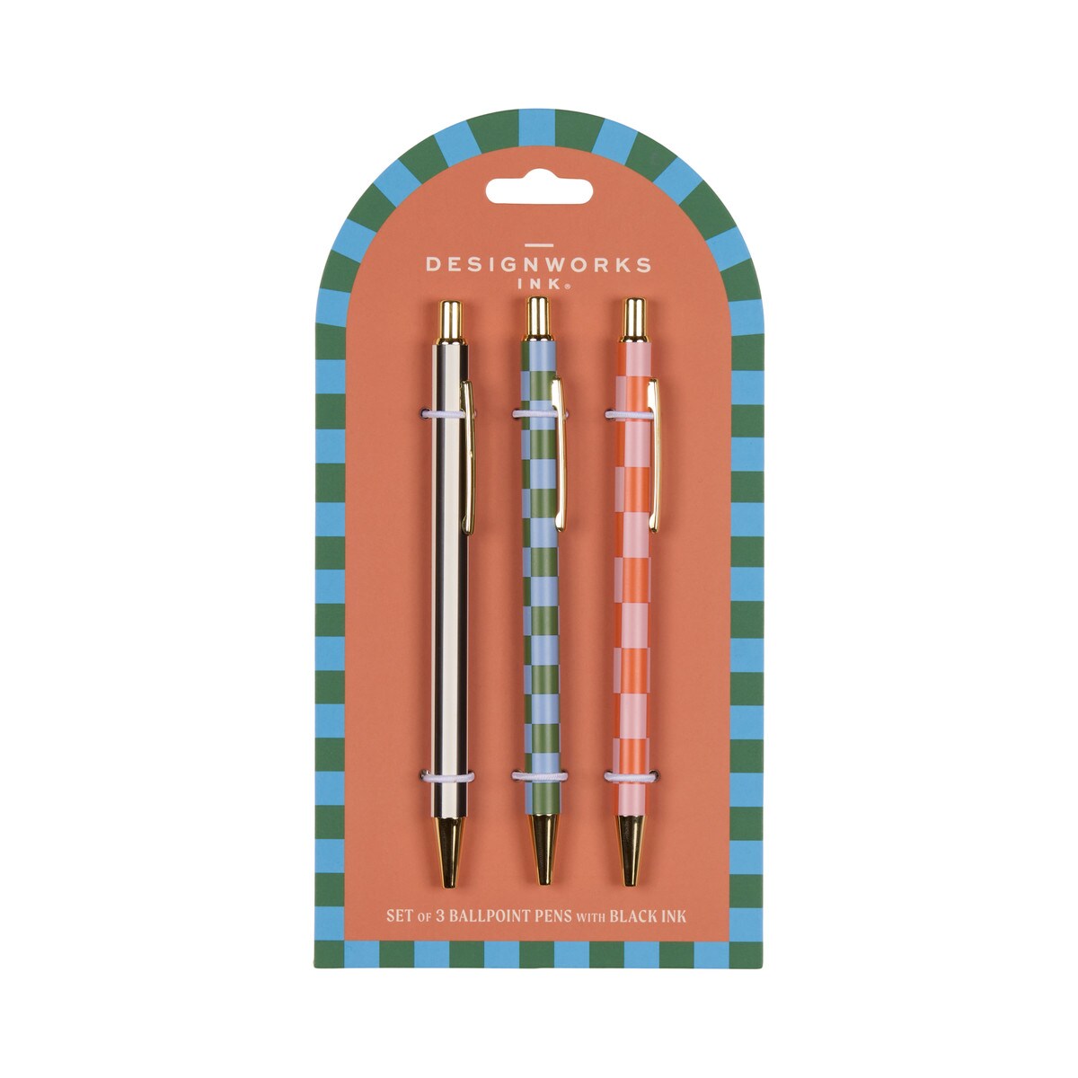 Three printed ballpoint pens, black pinstripe, blue and green check and pink and orange check, clipped to an arched orange card
