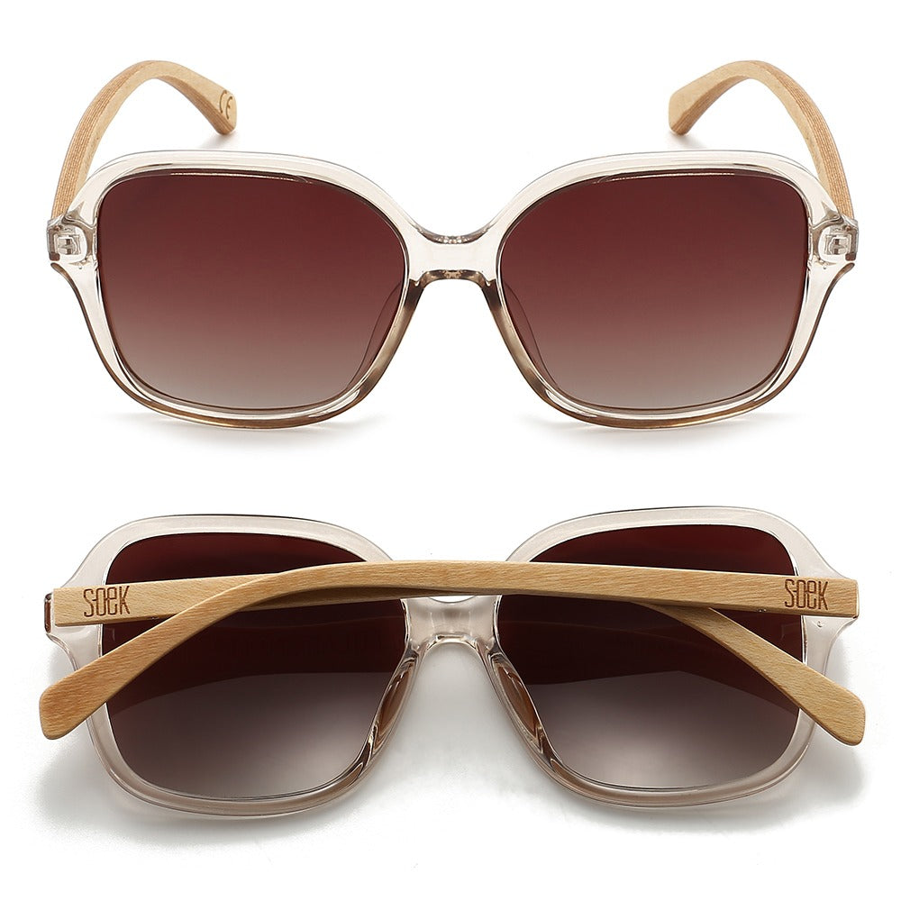 Scarlett sunglasses shown front on and folded from above, with Soek engraved on the maple arms