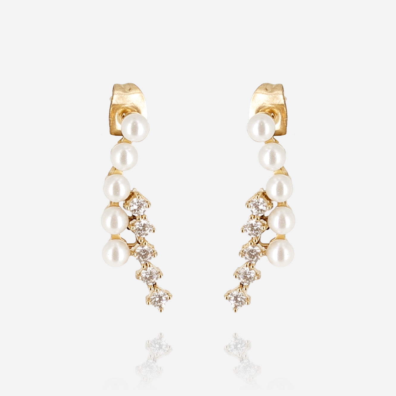 Pair of gold drop earrings, each a curve of pearls and clear crystals hanging from a plain gold stud