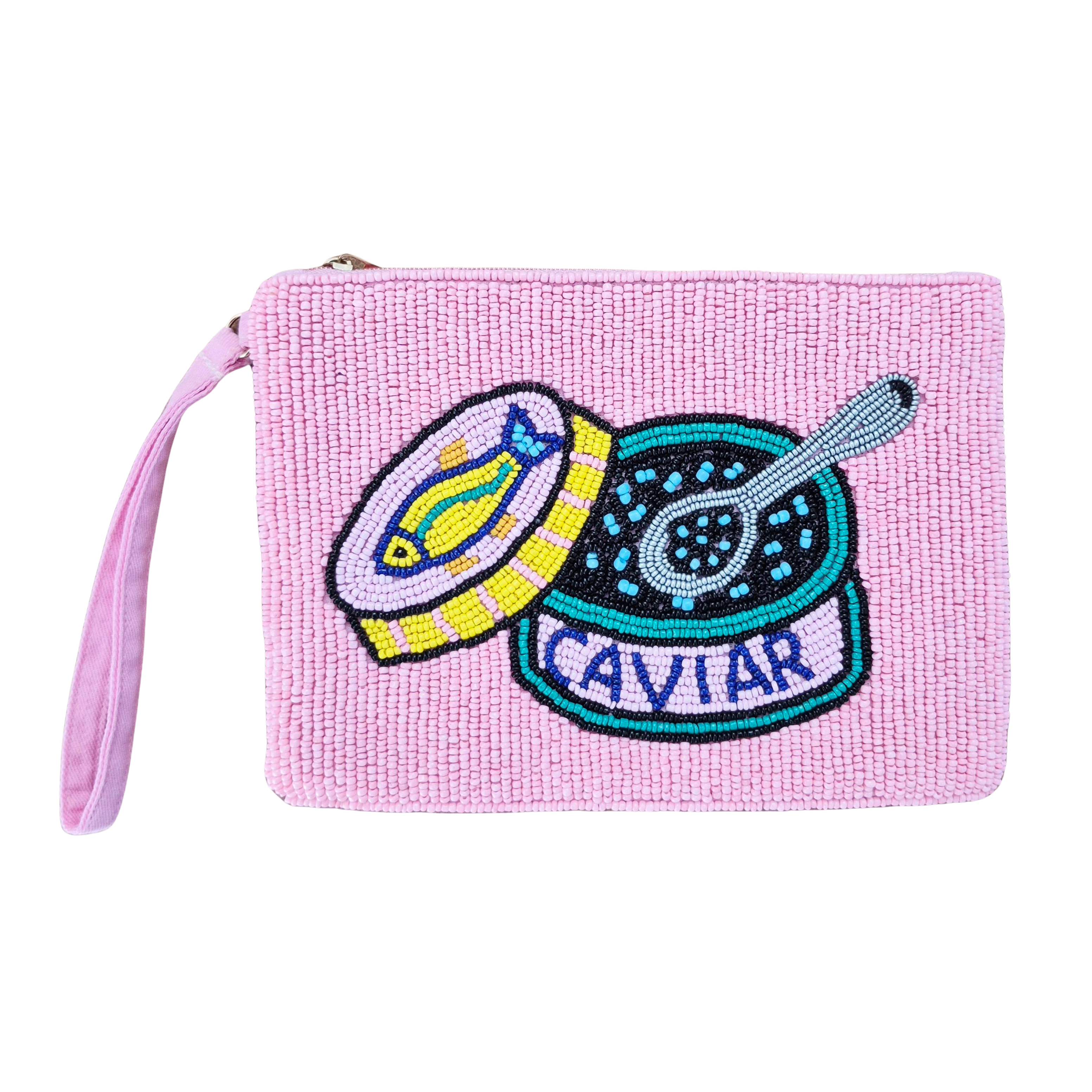 Pale pink hand-beaded zip pouch showing a beaded open caviar tin and spoon, with a lilac wrist strap.