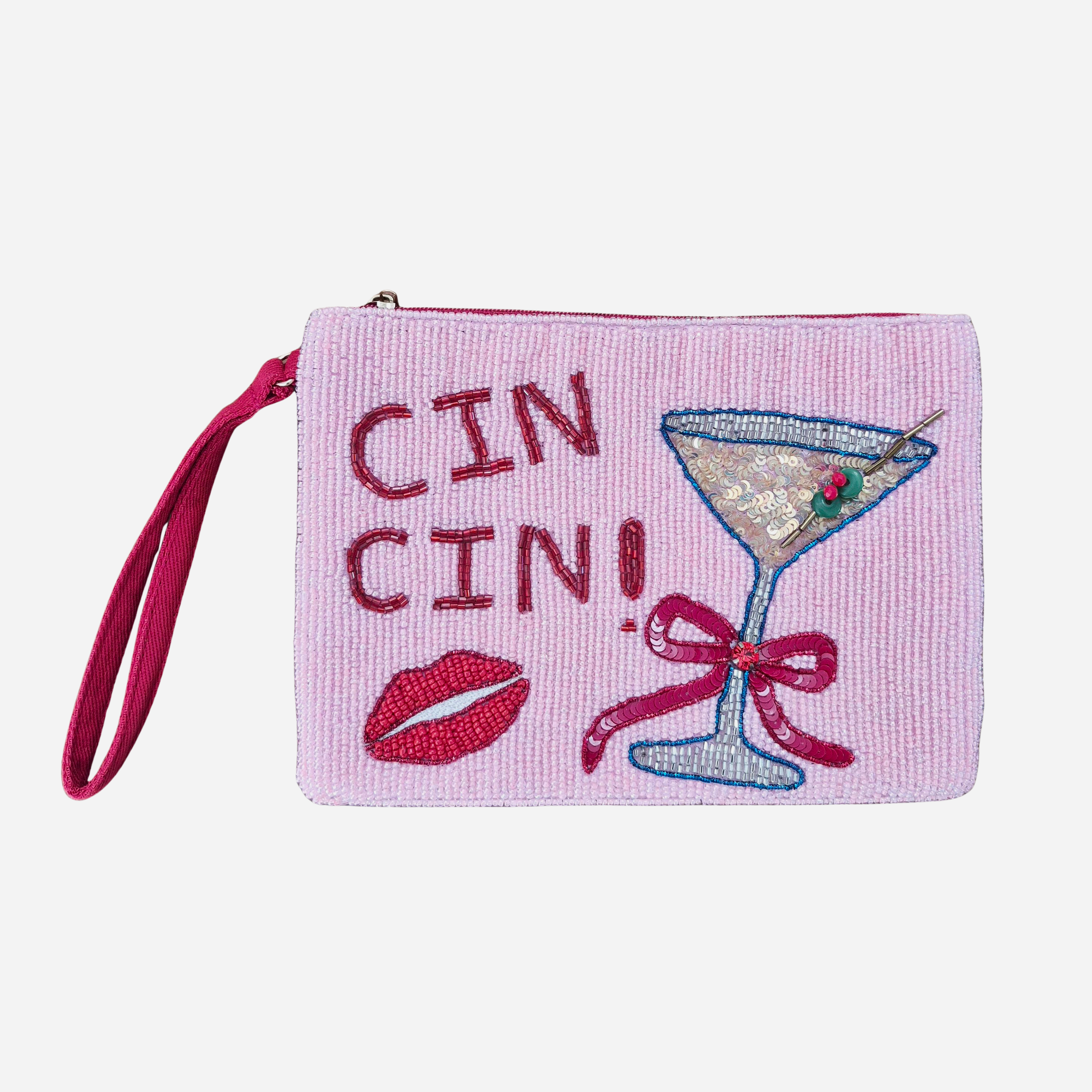 Pale pink hand-beaded zip pouch reading CIN CIN! with a beaded martini glass and red lips, with a pink wrist strap.