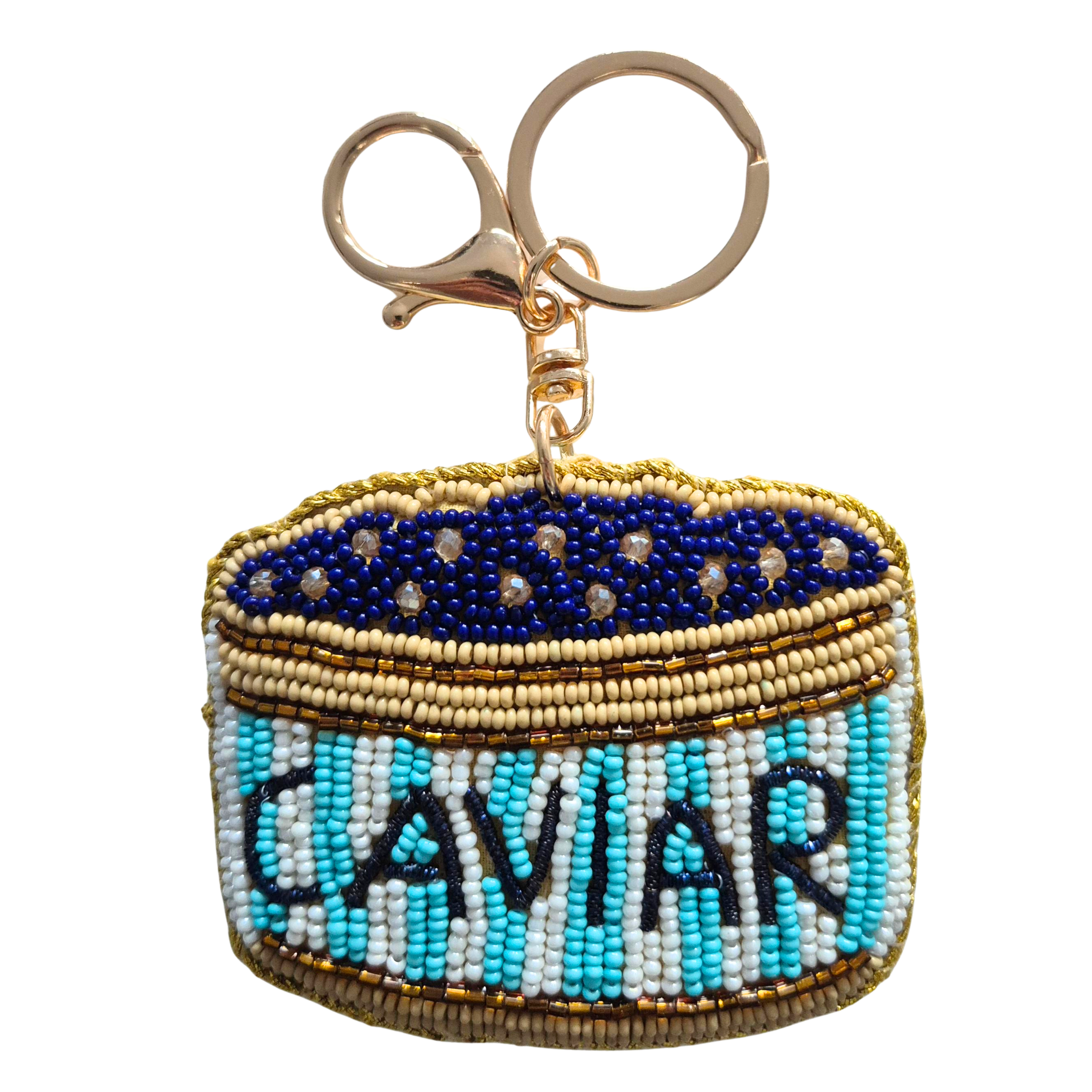 Hand-beaded keyring shaped like an open caviar tin, navy beads with CAVIAR in pale blue, on a gold-tone ring and clip.