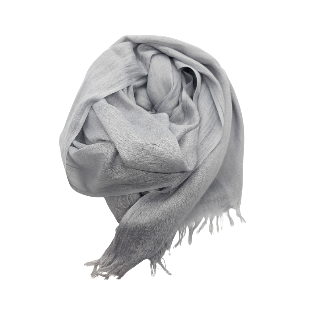 Beauty in Bamboo scarf in Silver, a pale grey, draped with fringing visible