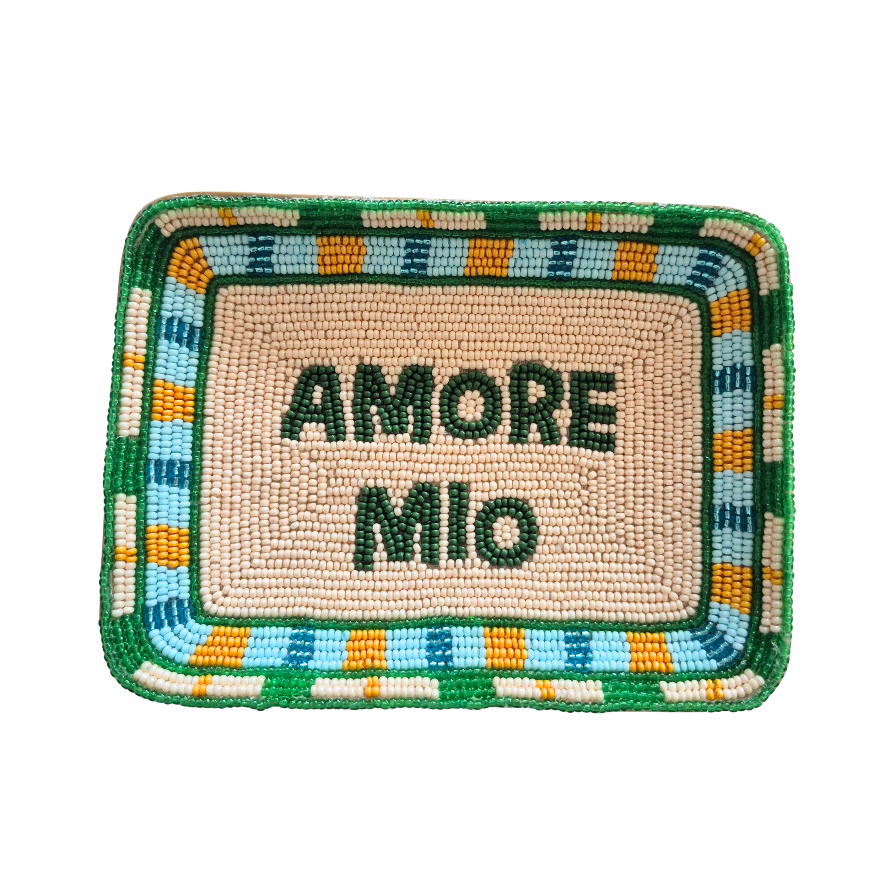 Rectangular hand-beaded tray with AMORE MIO in navy on a sand ground and a striped green and orange beaded border.